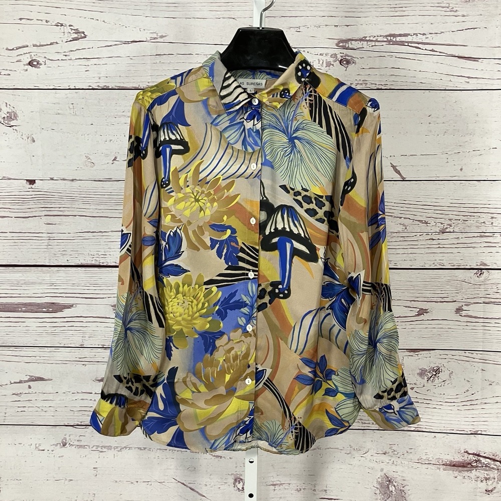 Las Surenas Floral Button Down Blouse Sheer Silk Feel Colorful Size Large